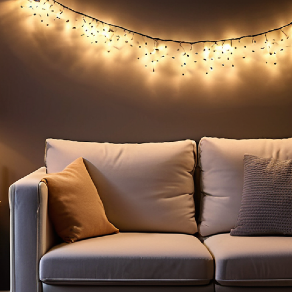A cozy living room at night, lit by warm white LED string lights draped across the wall, creating a relaxing ambiance. A comfortable sofa and soft pillows invite you to unwind, while a table lamp provides additional soft lighting for reading.
