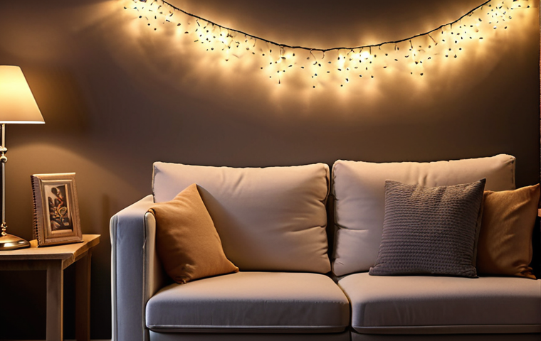A cozy living room at night, lit by warm white LED string lights draped across the wall, creating a relaxing ambiance. A comfortable sofa and soft pillows invite you to unwind, while a table lamp provides additional soft lighting for reading.